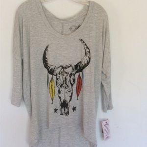 Feather Cow Skull 3/4 Sleeve Pullover Tee Shirt